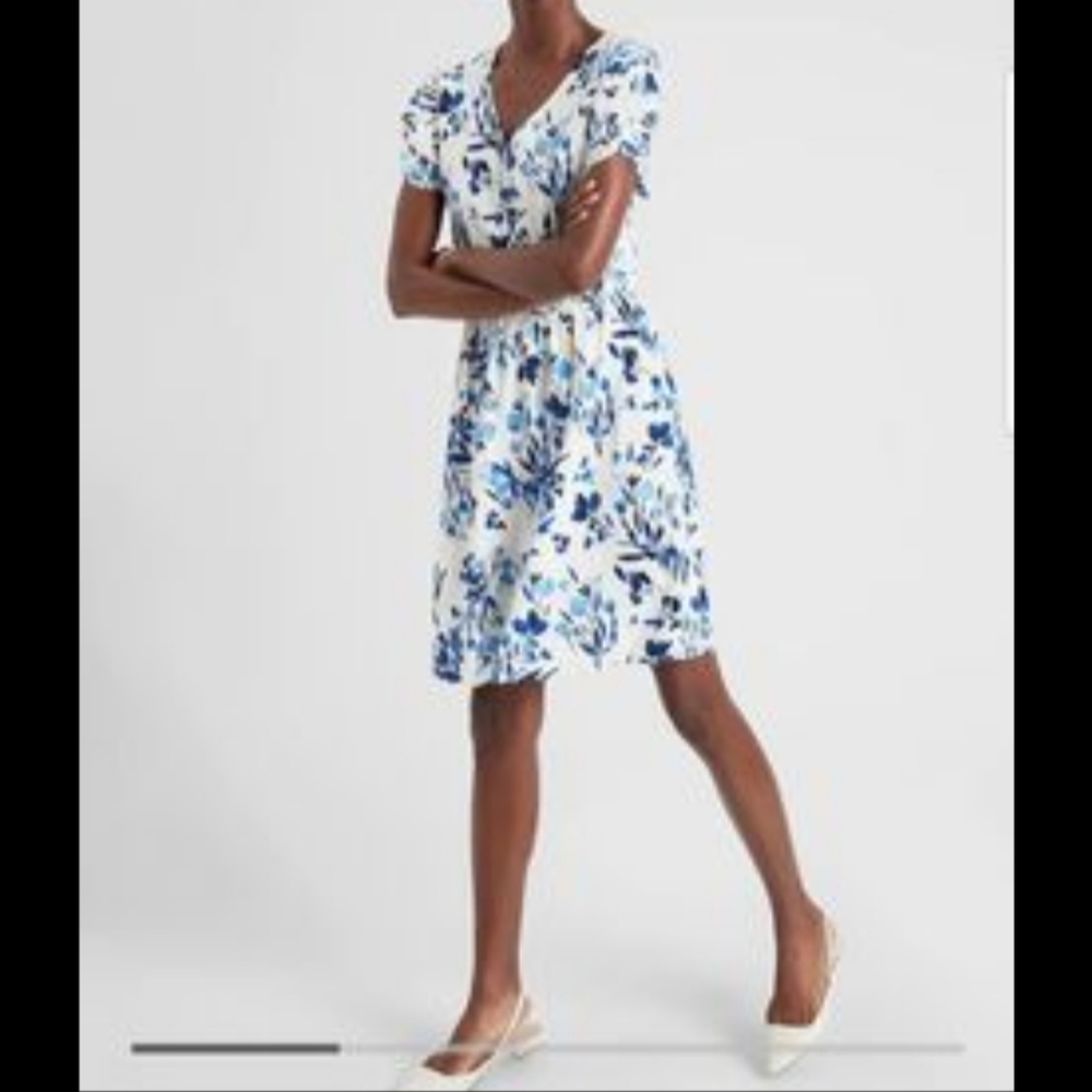 Banana Republic Puff Gathere Sleeve Blue Floral Dress